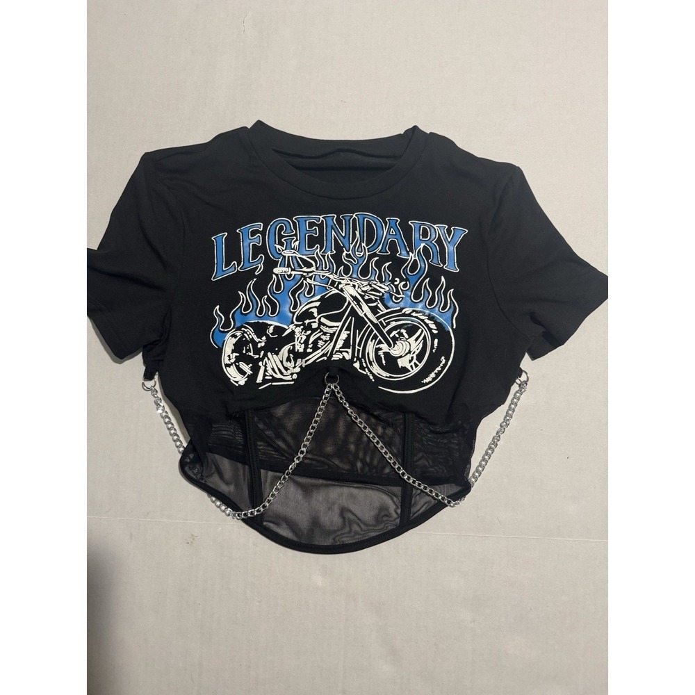 Shein Motorcycle Blue Flames, Chains, Shear Bottom Shirt, Women's Small #1148